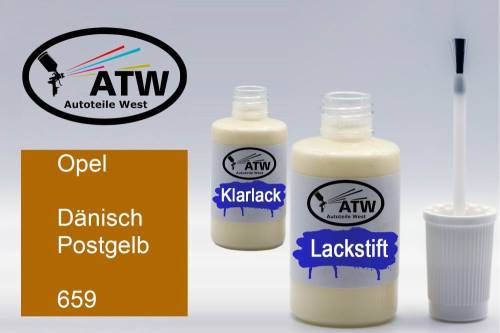 Opel, Dänisch Postgelb, 659: 20ml Lackstift + 20ml Klarlack - Set, von ATW Autoteile West.